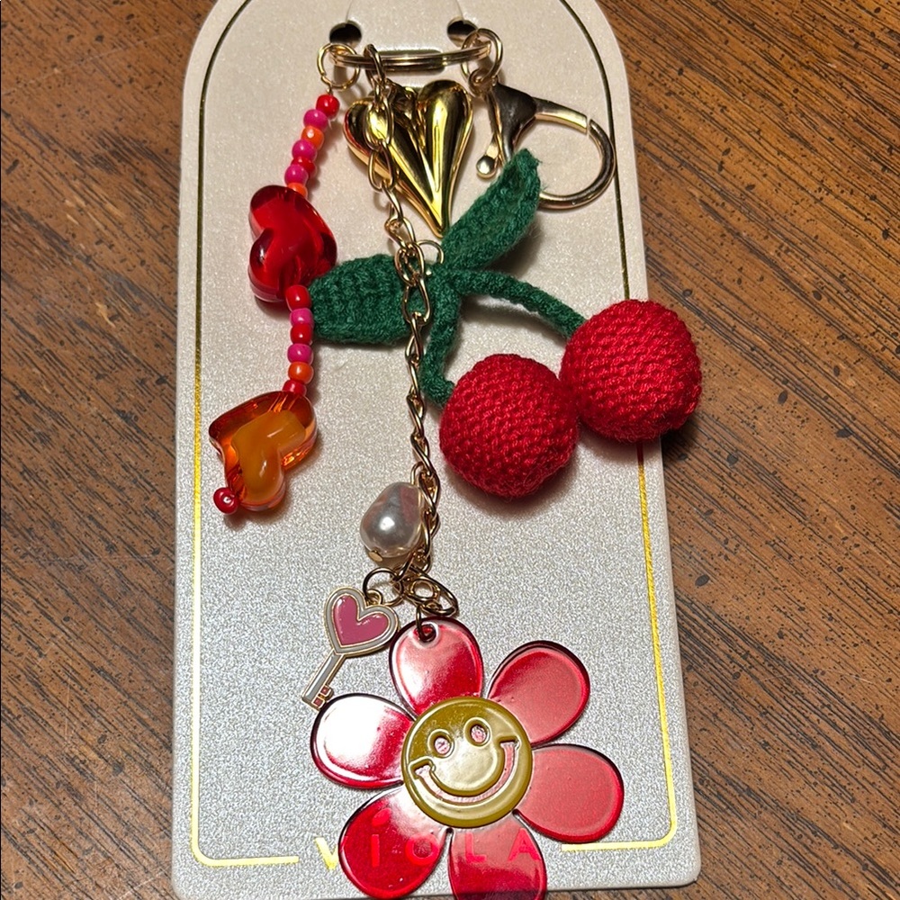 Cherry and Flower Bag Charm Keychain with Red and Pink Accents - Picture 4 of 8